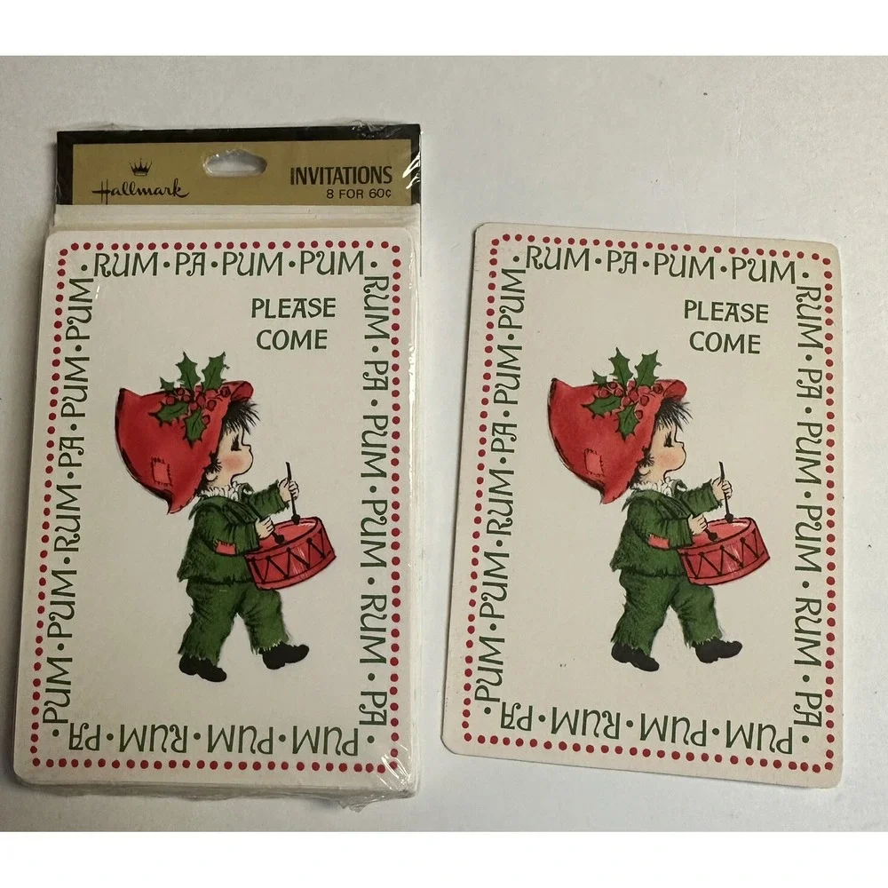 Vintage HALLMARK Invitation 8 Cards Envelopes + 1 Christmas Drummer Boy NEW